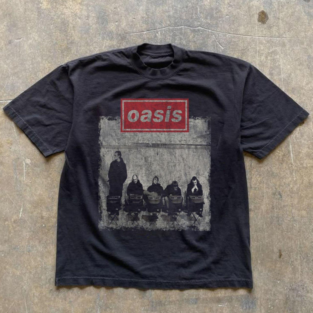 Oasis Band Roll With It Photo Graphic Britpop Faded Black T-Shirt